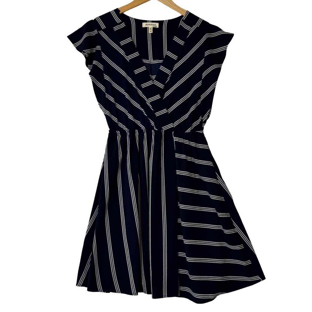 Monteau Los Angeles Womens Size Medium Navy White Striped Dress